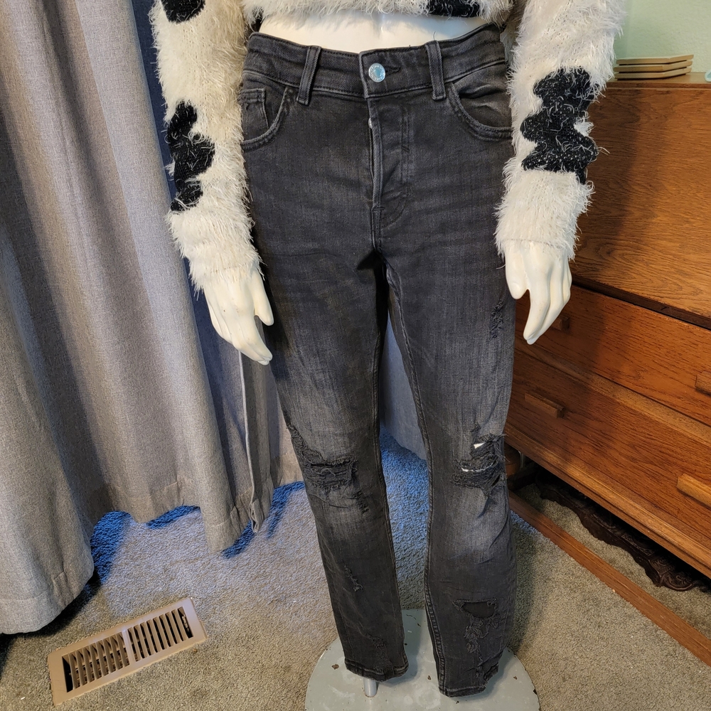 Zara‎ black wash distressed ripped skinny jeans size 32 X 30 Button Fly Grunge
